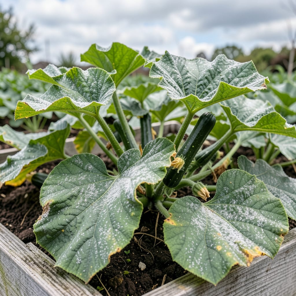 Visual representation of Mildew on Zucchini Plants: White Powdery Spots and Fungal Growth