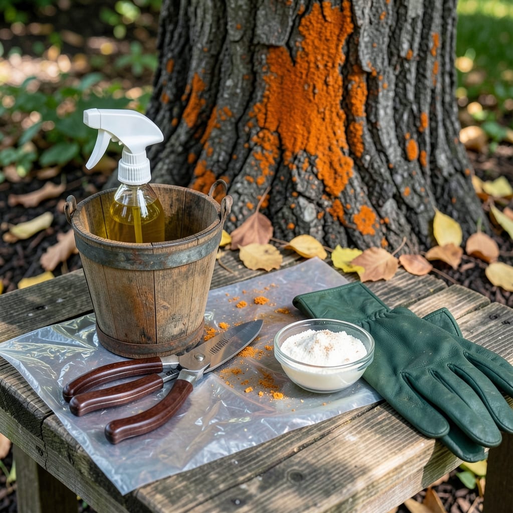 Visual representation of orange rust on tree bark