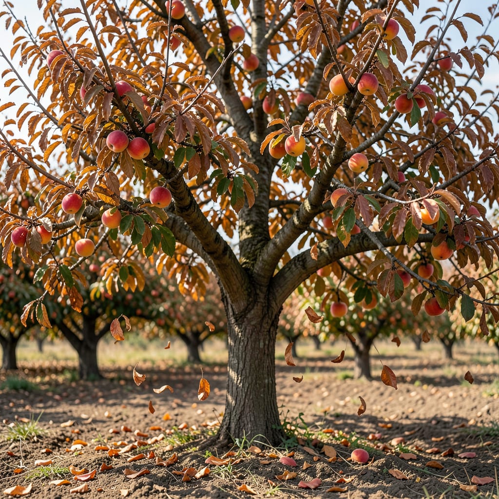 Complete peach tree losing leaves overview image
