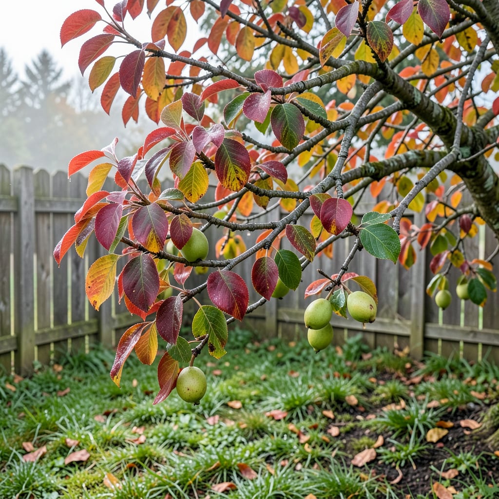 Complete pear tree leaves turning red overview image
