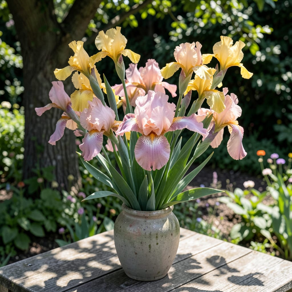 Pink and Yellow Iris: Bicolor Elegance for Spring Gardens illustration with key details