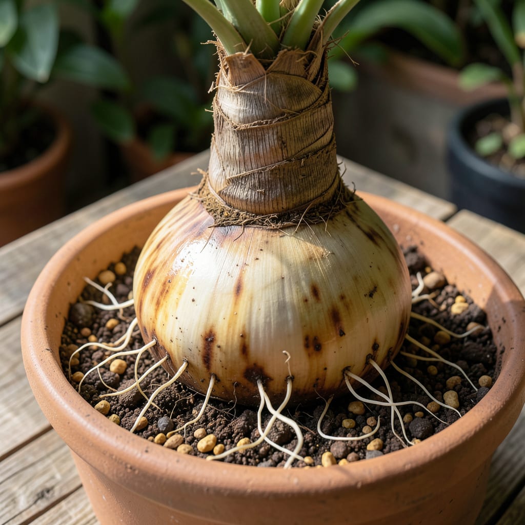 Comprehensive Ponytail Palm Root System: Swollen Base for Drought Resistant Growth visual reference