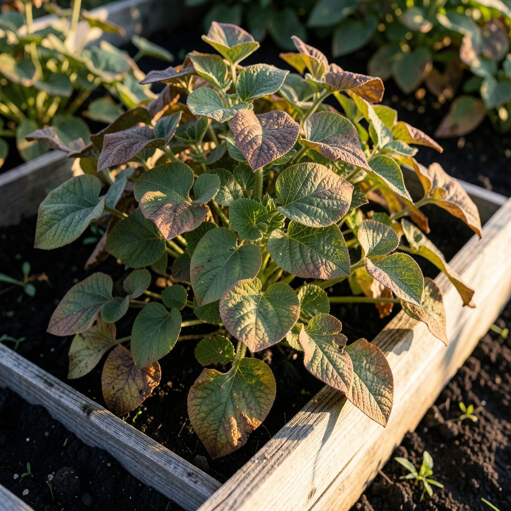 Visual representation of potato plant leaves turning brown