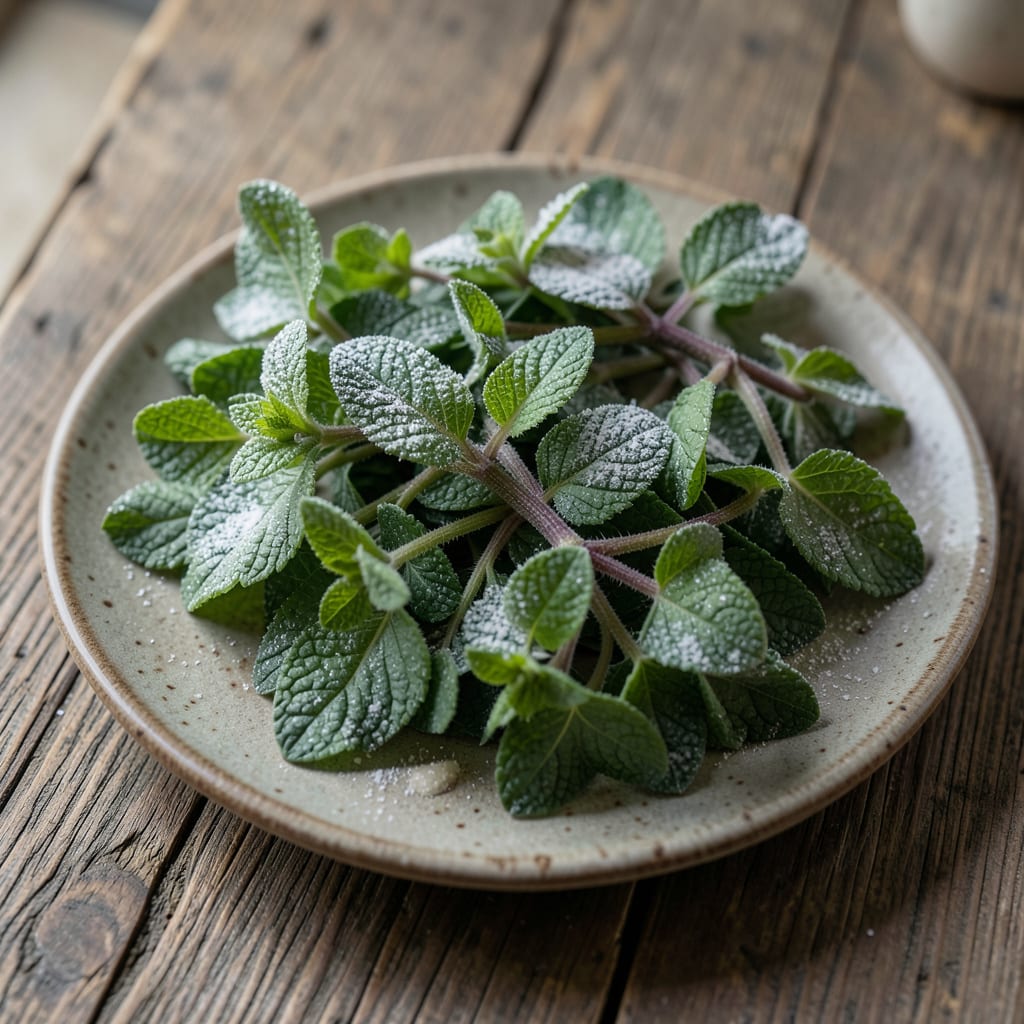 Visual representation of Powdery Mildew on Mint Leaves: Organic Removal and Prevention Guide
