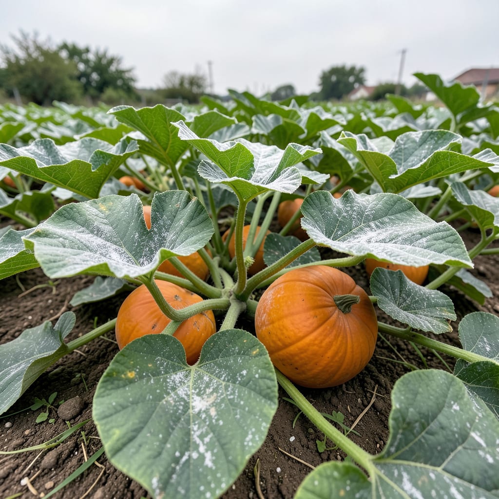 Visual representation of Powdery Mildew on Pumpkin Plants: White Fungal Fixes for Healthy Vines