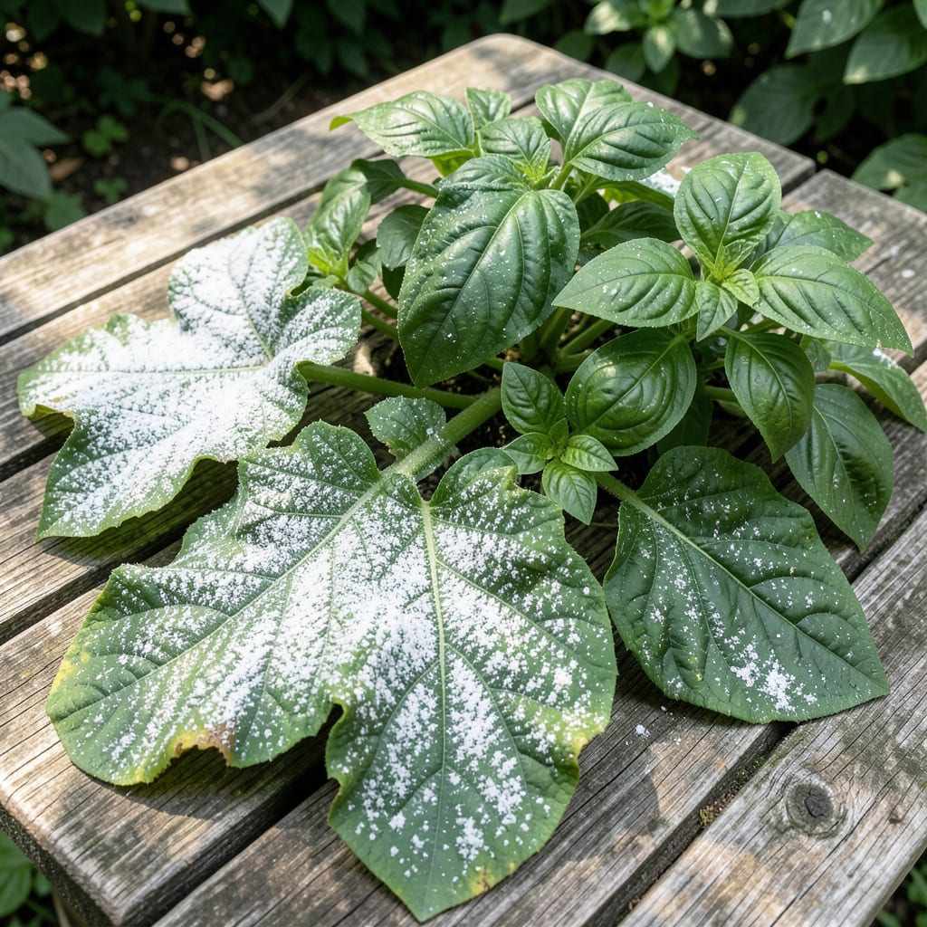 Powdery White Mildew on Plants: Organic Fungicide for Healthy Foliage illustration with key details
