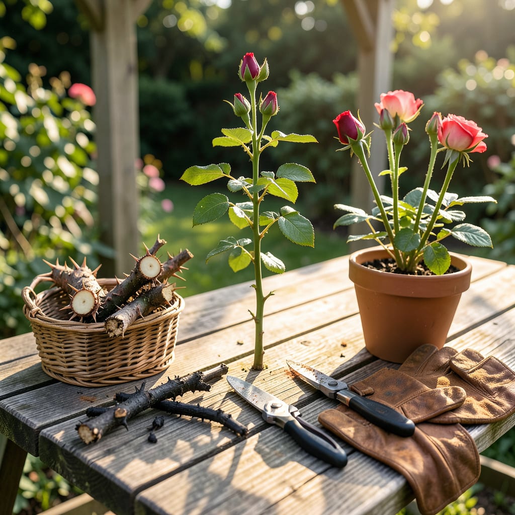 Prune Rose Bushes: The Step by Step Guide to Bigger, Healthier Blooms illustration with key details