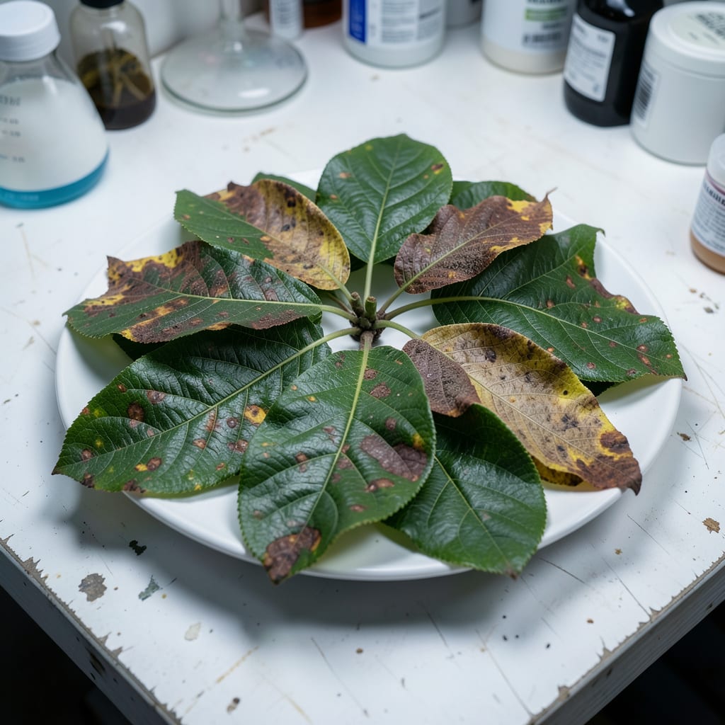 Quince Diseases Leaf Blight: Fungal Spore Spread and Wet Foliage Conditions example with annotations