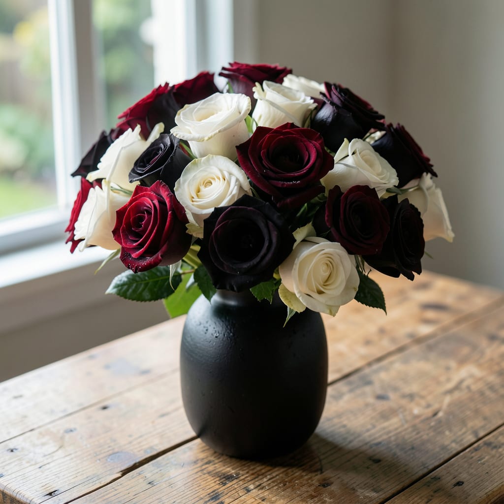 red roses black and white illustration with key details