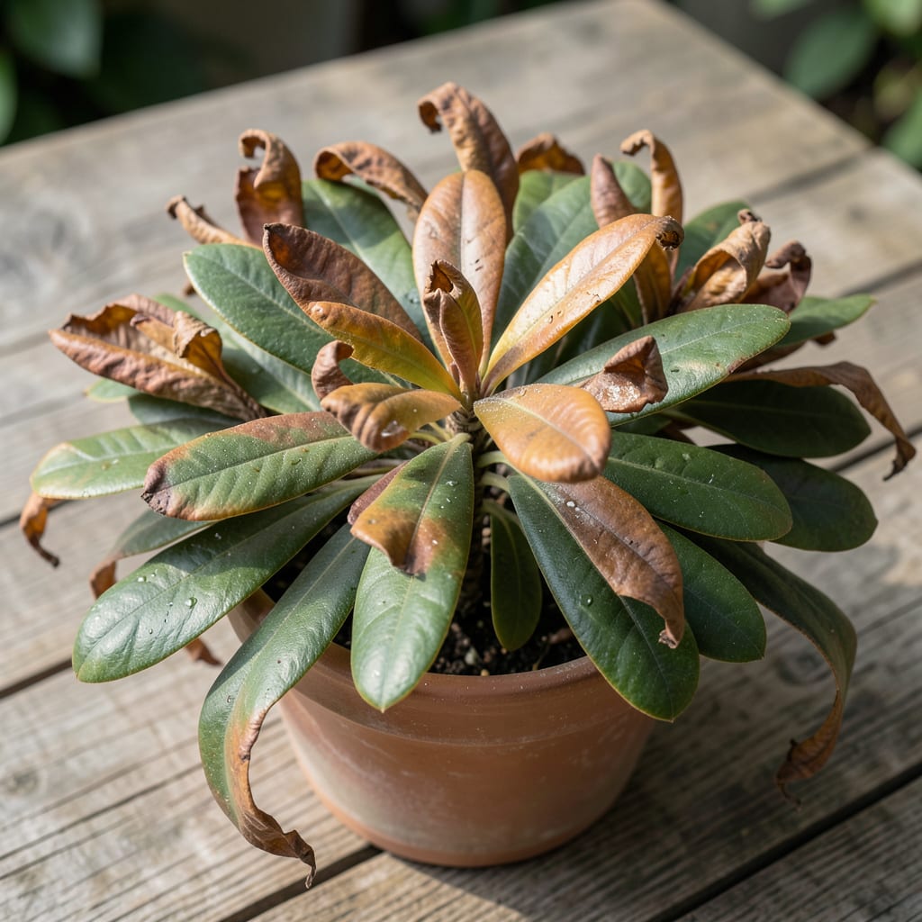 Rhododendron Leaves Curling and Turning Brown: Diagnosis and Recovery Plan example with annotations