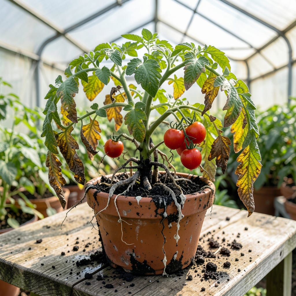 Root Rot On Tomato Plants: Wilting Leaves and Yellowing Stems Rescue Plan illustration with key details
