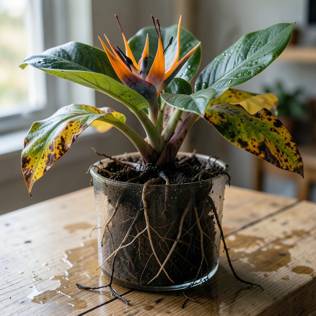 Complete root rot overwatered bird of paradise overview image