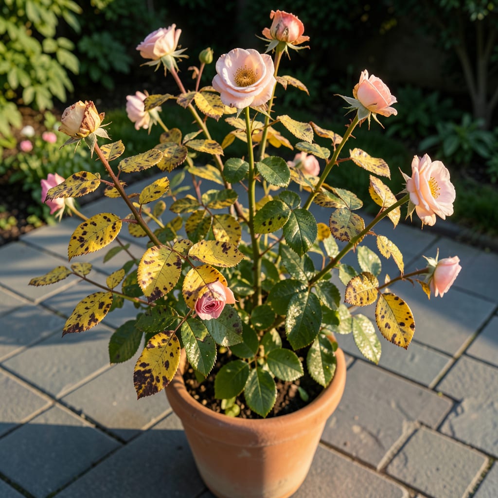 rose bush yellow leaves brown spots illustration with key details