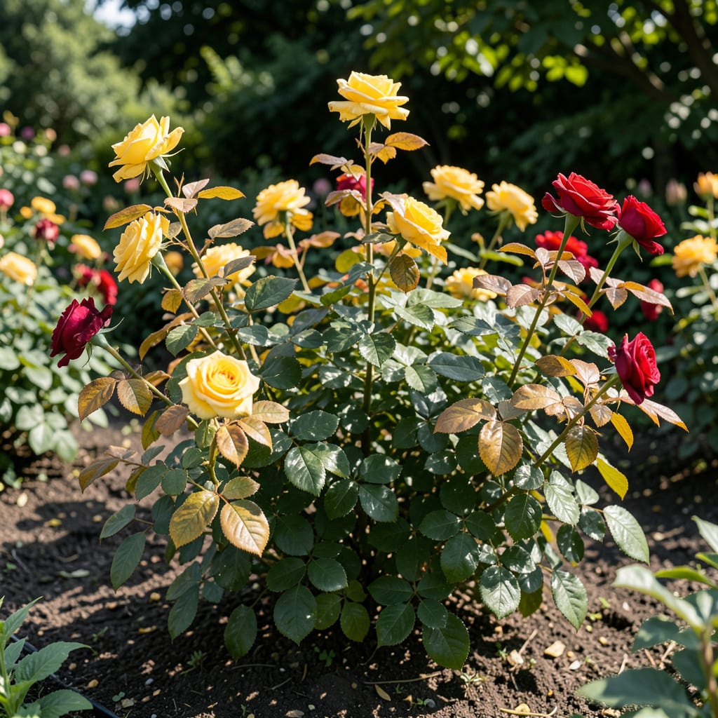 Rose Bushes Leaves Turning Yellow: Nutrient Deficiency and Watering Fixes example with annotations