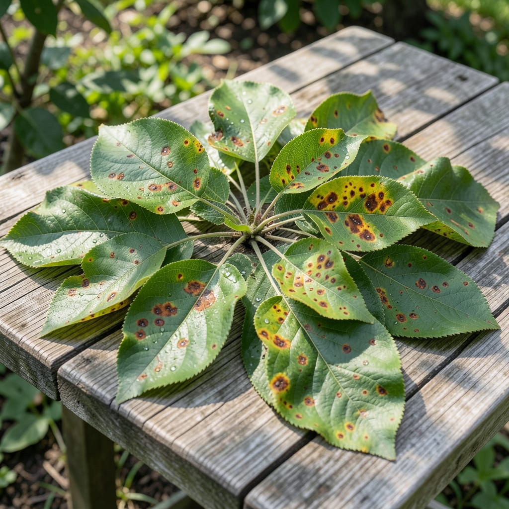 Rust Spots on Apple Tree Leaves: Fungal Threat and Organic Rescue Plan example with annotations