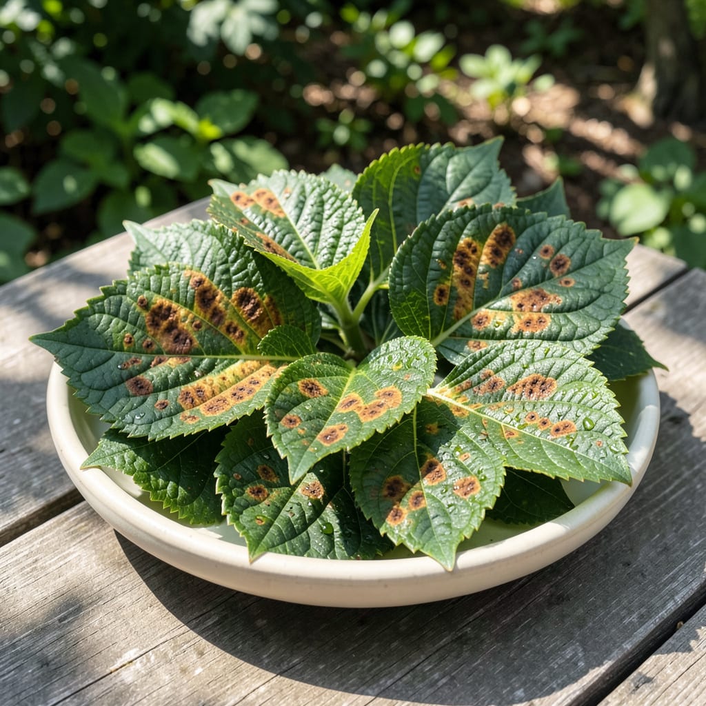 Comprehensive rust spots on hydrangea leaves visual reference