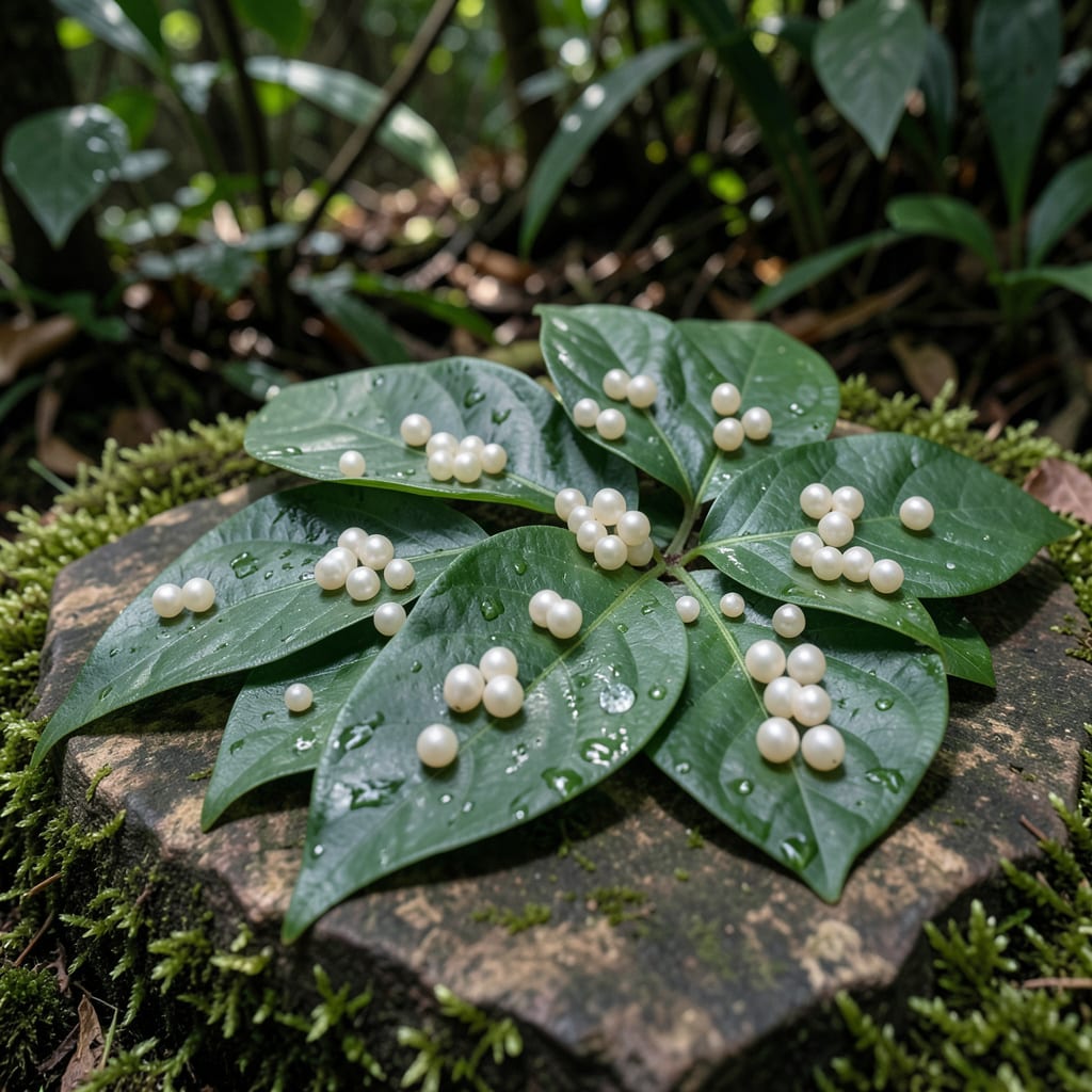 small white insect eggs on leaves illustration with key details