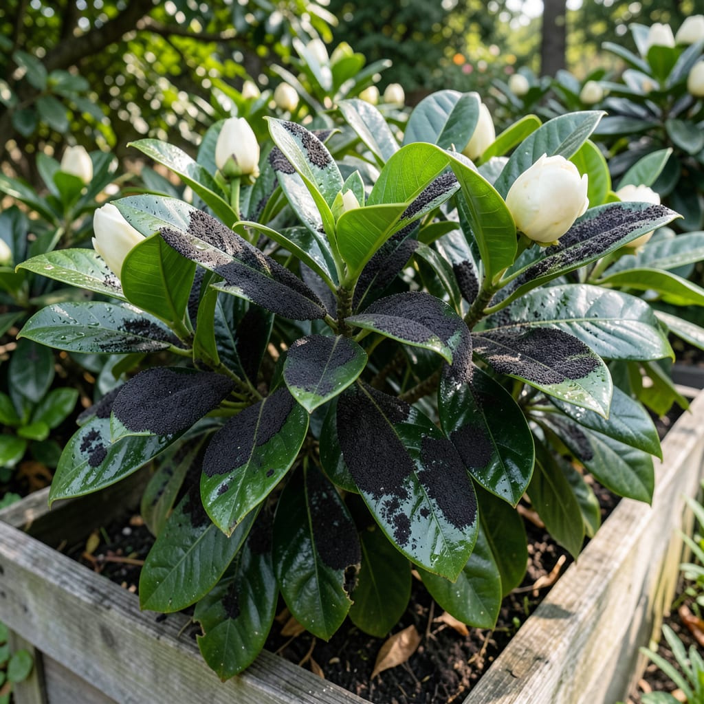 Complete sooty mold on gardenia plants overview image