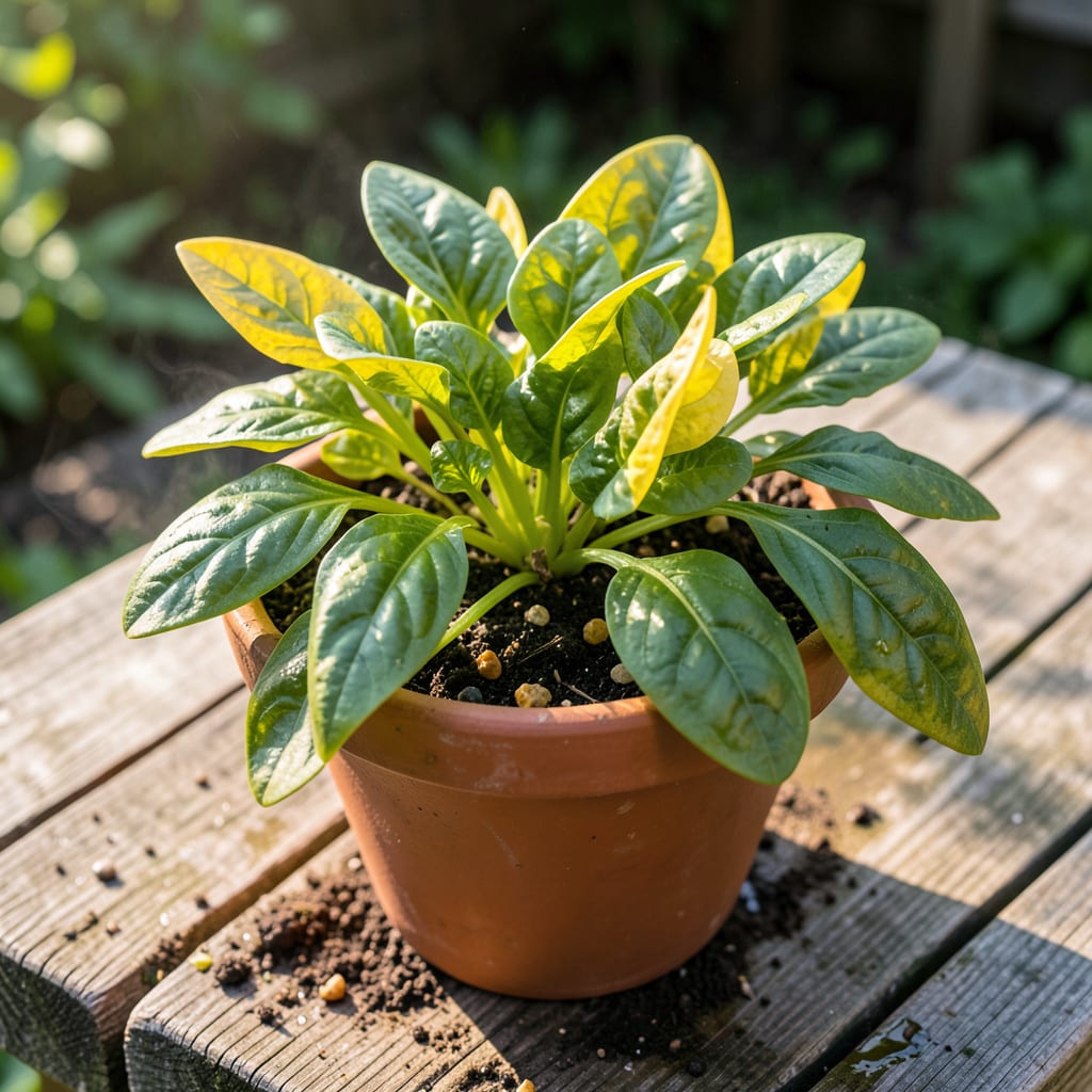 Visual representation of Spinach Plant Yellow Leaves: Soil pH and Watering Balance Check
