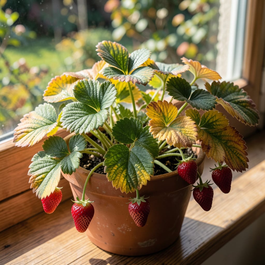Visual representation of strawberry leaves turning yellow