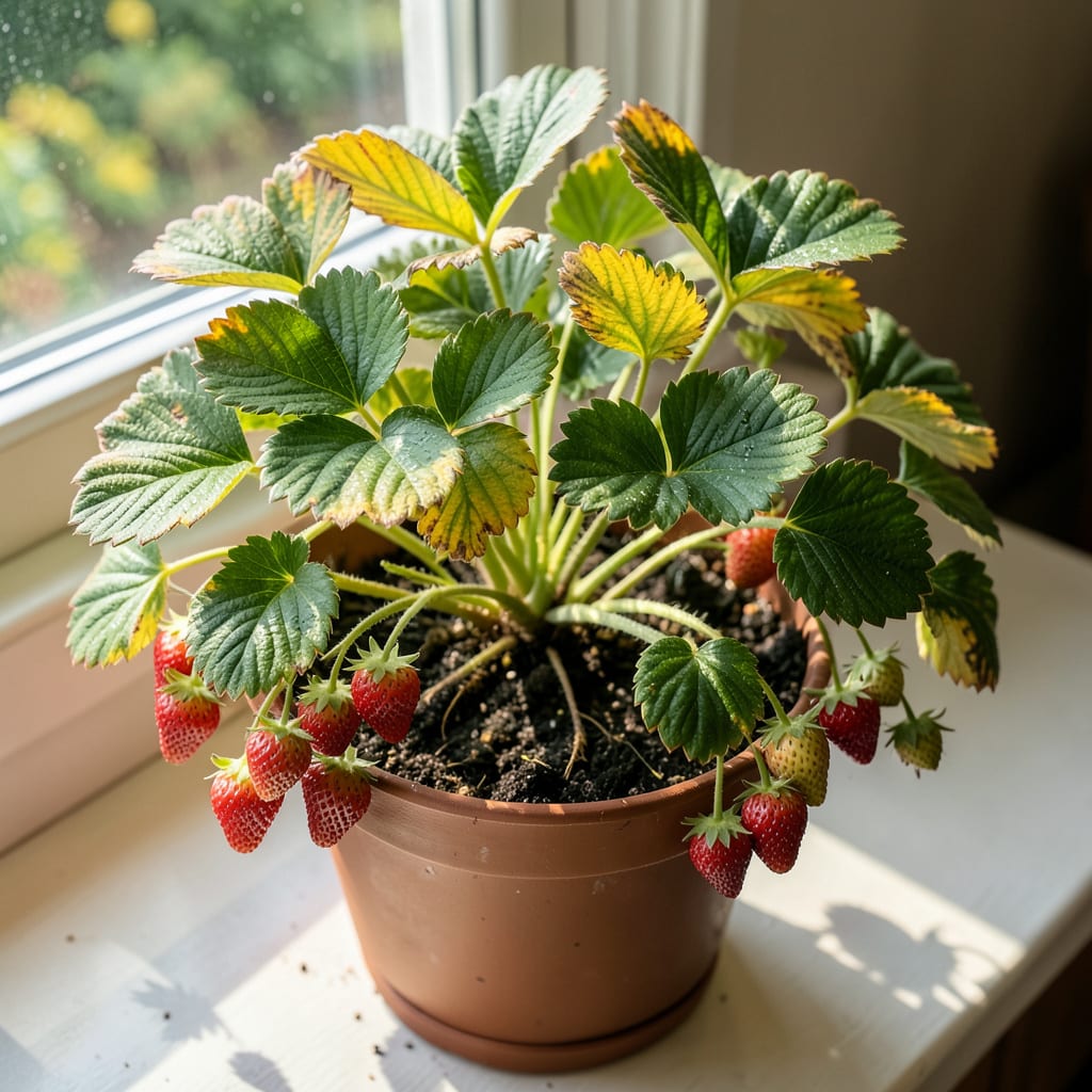 strawberry plant leaves turning yellow example with annotations