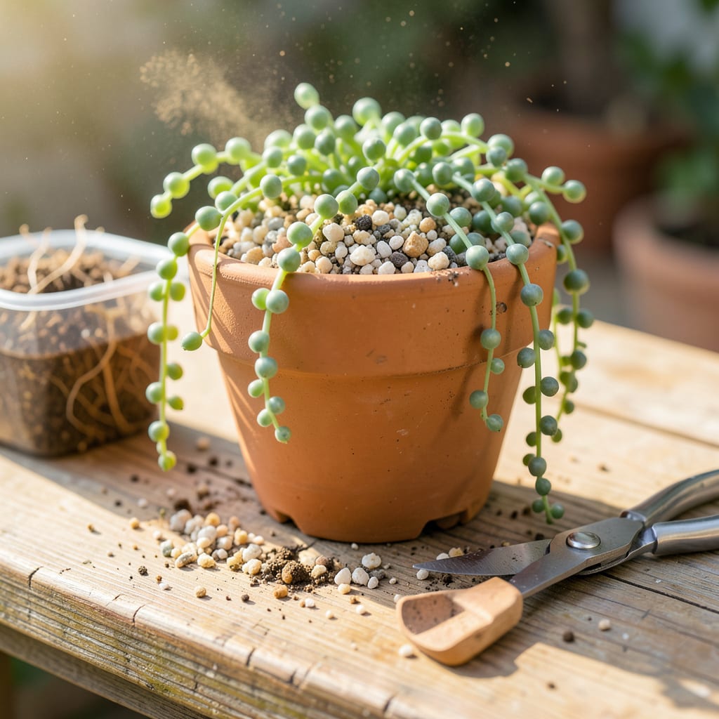 String of Pearls Transplant: Foolproof Steps for Thriving Trailing Succulents illustration with key details