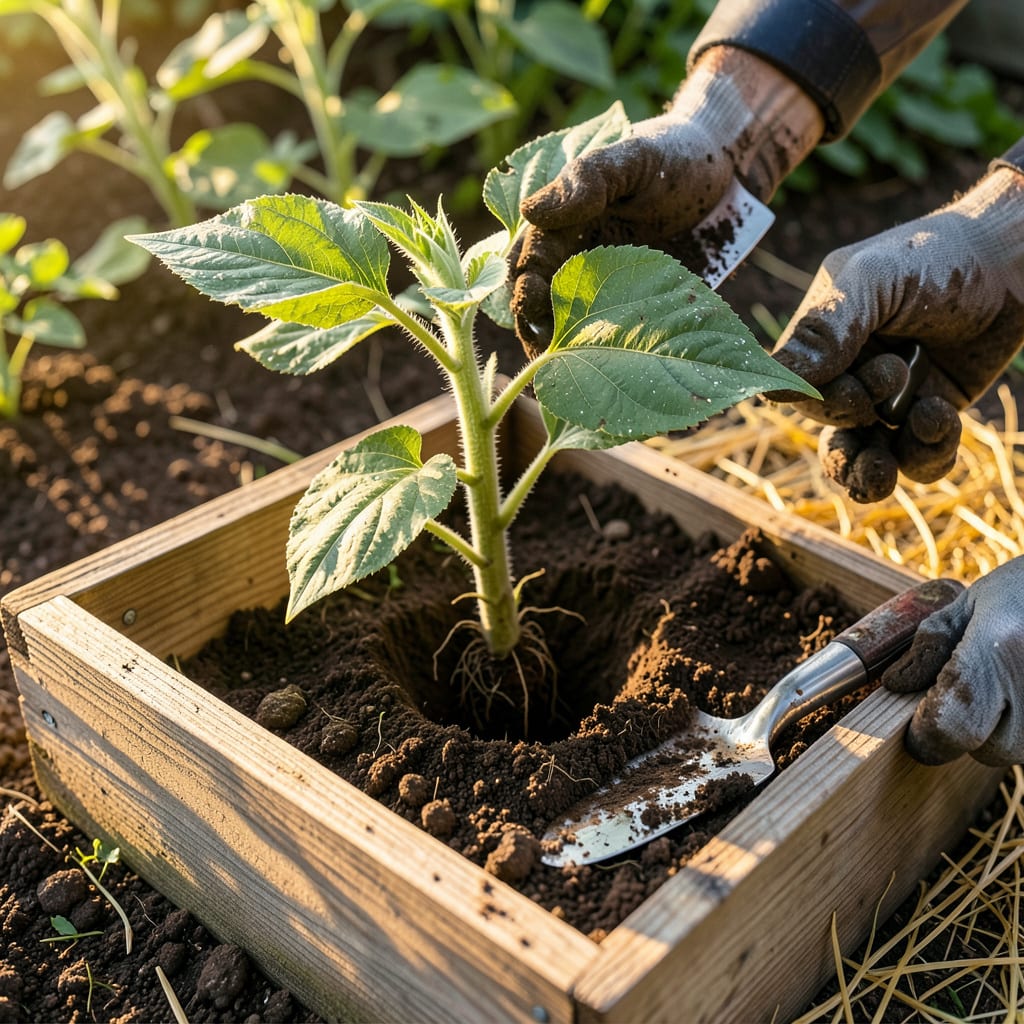 Sunflowers Transplant Depth: The Perfect Hole for Strong Roots example with annotations