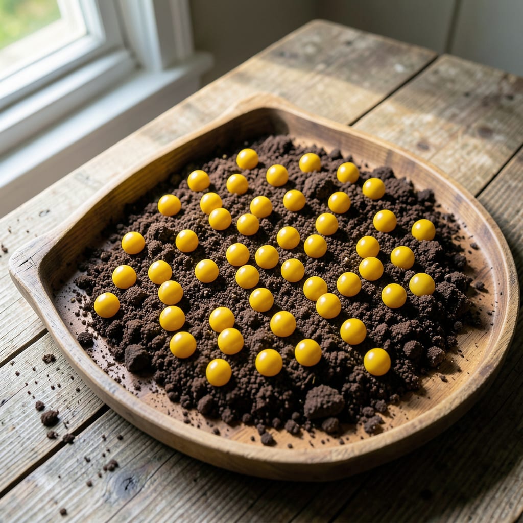 Visual representation of tiny yellow balls in soil