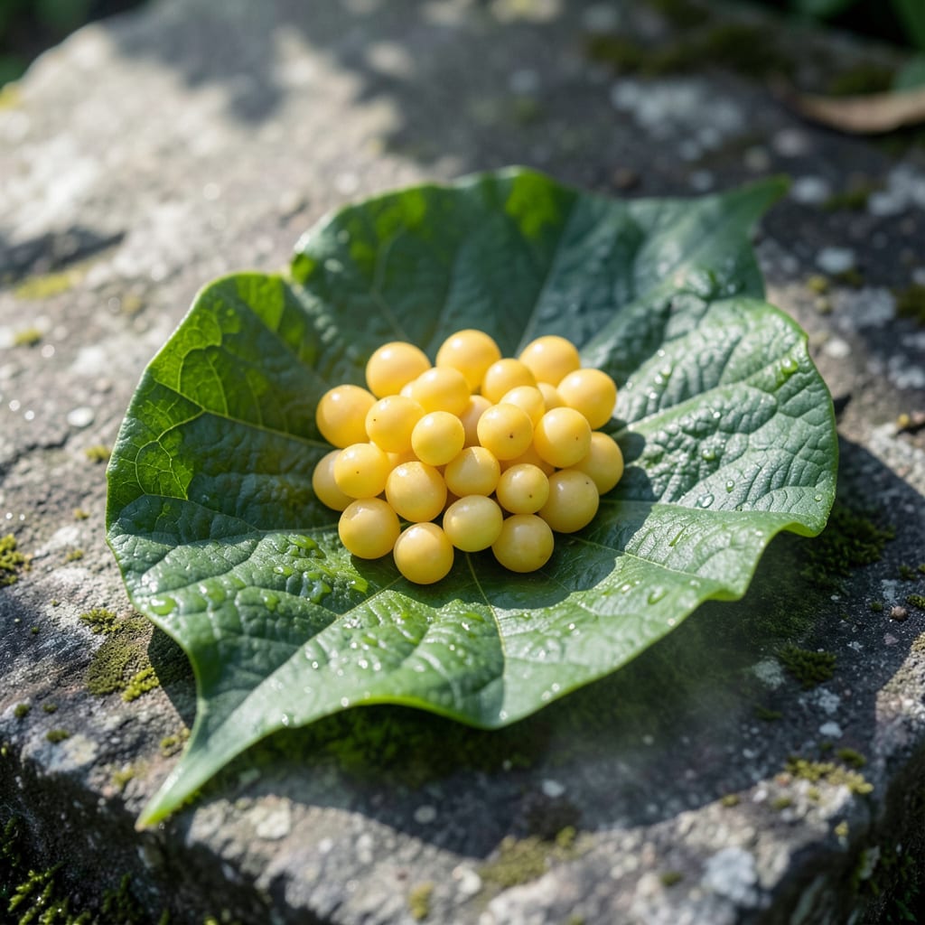 tiny yellow eggs on leaf example with annotations