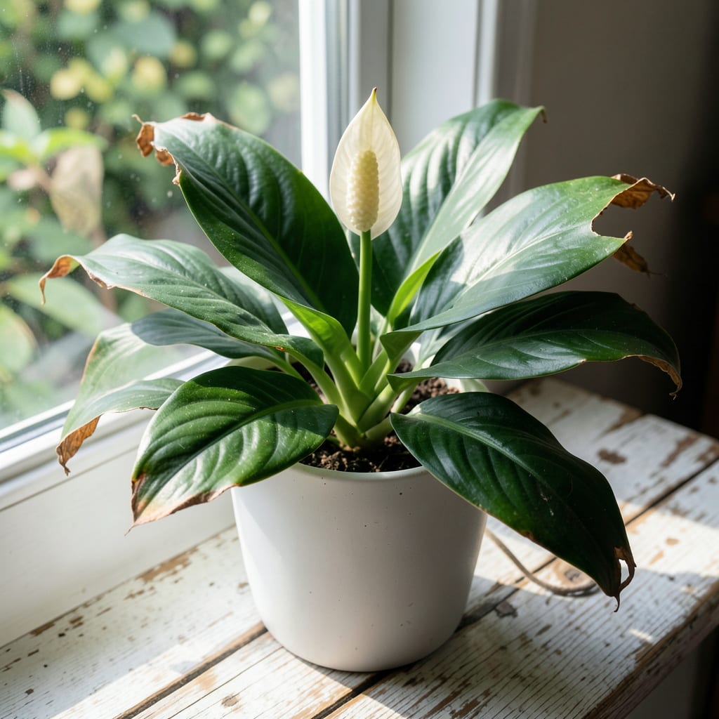 Visual representation of tips of peace lily leaves turning brown