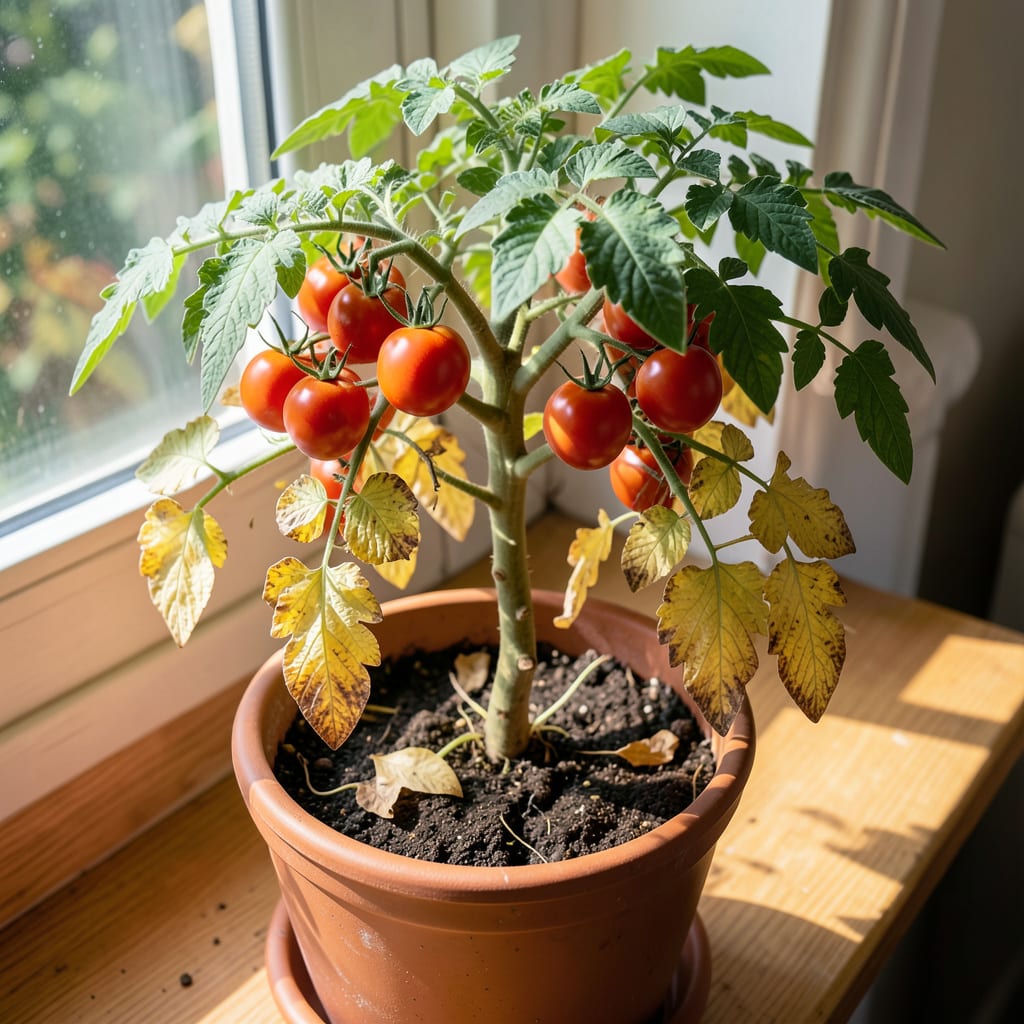 tomato plant lower leaves turning yellow example with annotations