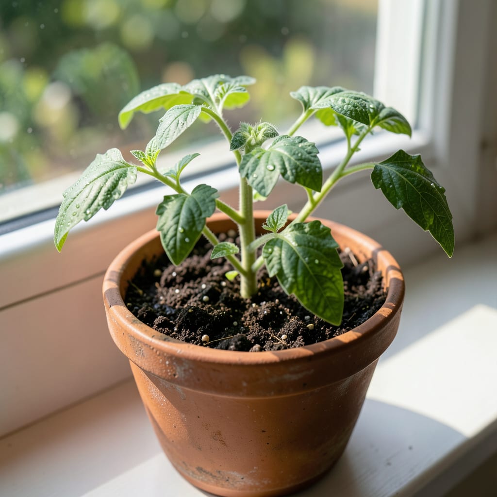 Complete tomato seedling leaves curling up overview image