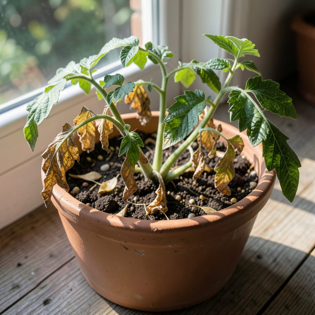 tomato seedlings leaves dying example with annotations