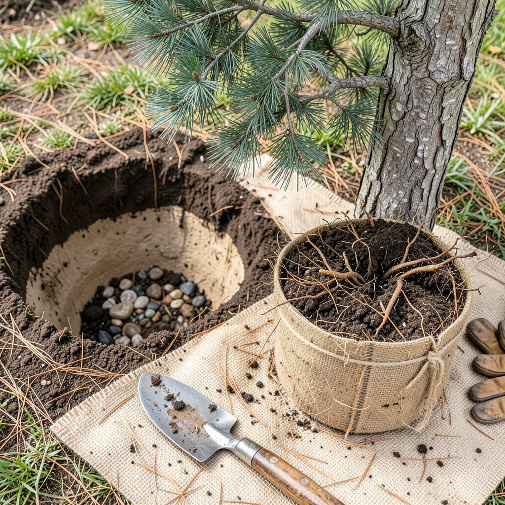 Transplanting a Pine Tree: Step by Step Guide for Healthy Root Growth example with annotations
