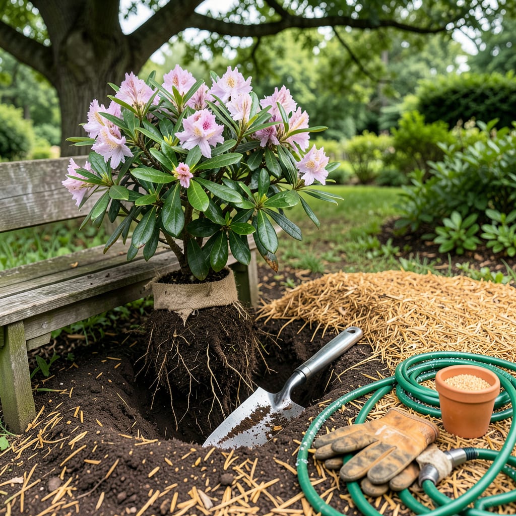 Transplanting a Rhododendron: Step by Step for Thriving Blooms Next Season illustration with key details