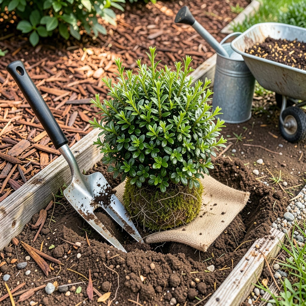 Transplanting a Shrub: Step by Step for Thriving Roots and New Growth example with annotations