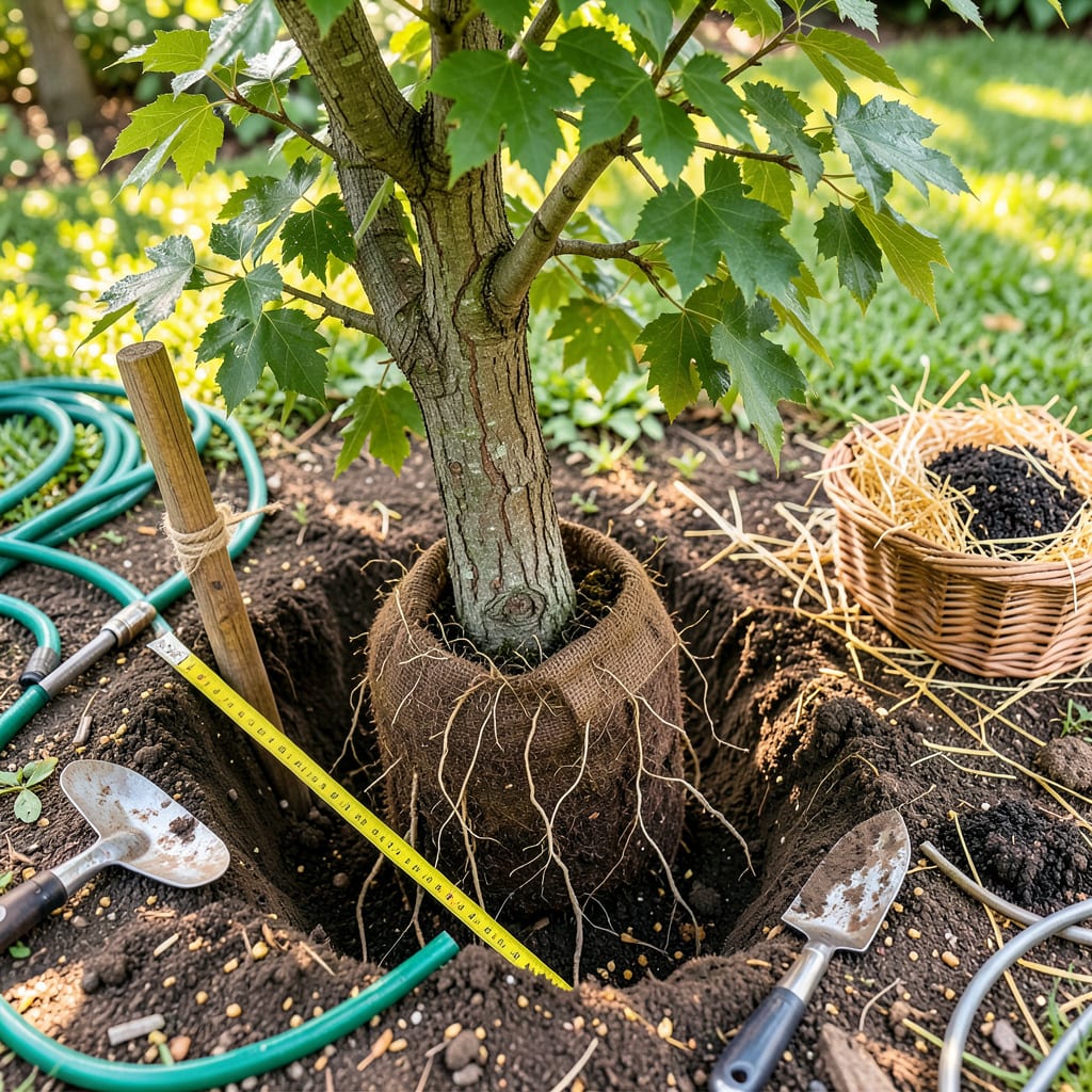 Transplanting a Tree: Step by Step for Thriving Roots and Growth illustration with key details