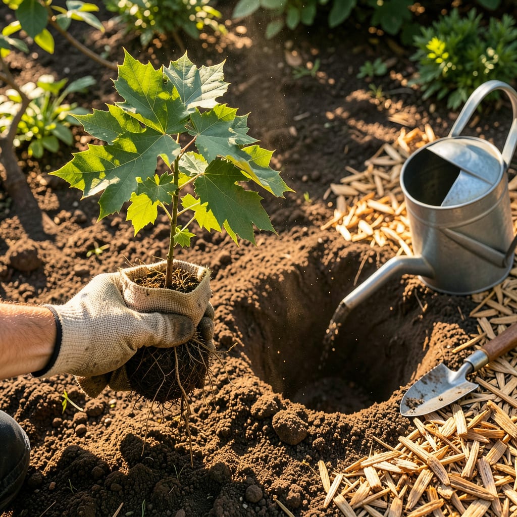 Transplanting a Tree: Step by Step Guide for Healthy Root Growth illustration with key details