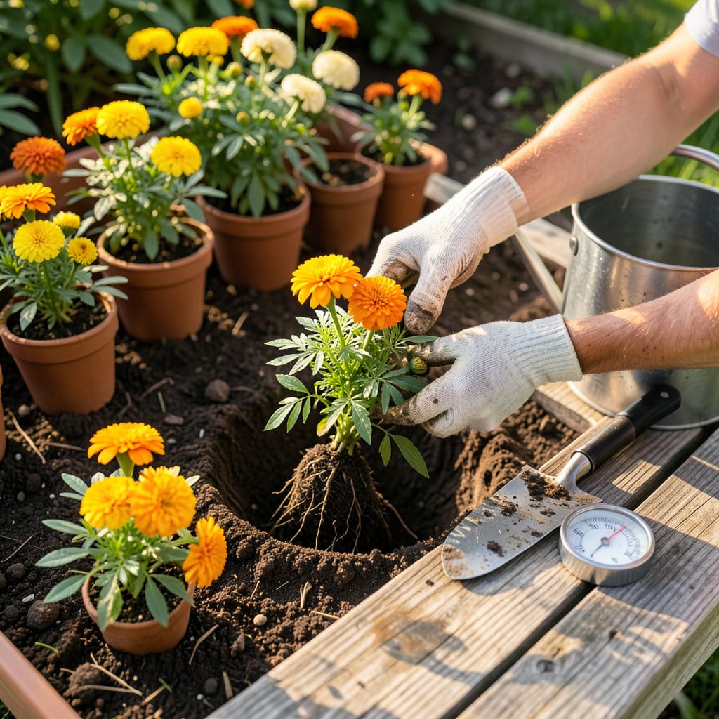 Transplanting Marigolds: Foolproof Steps for Vibrant Summer Blooms illustration with key details