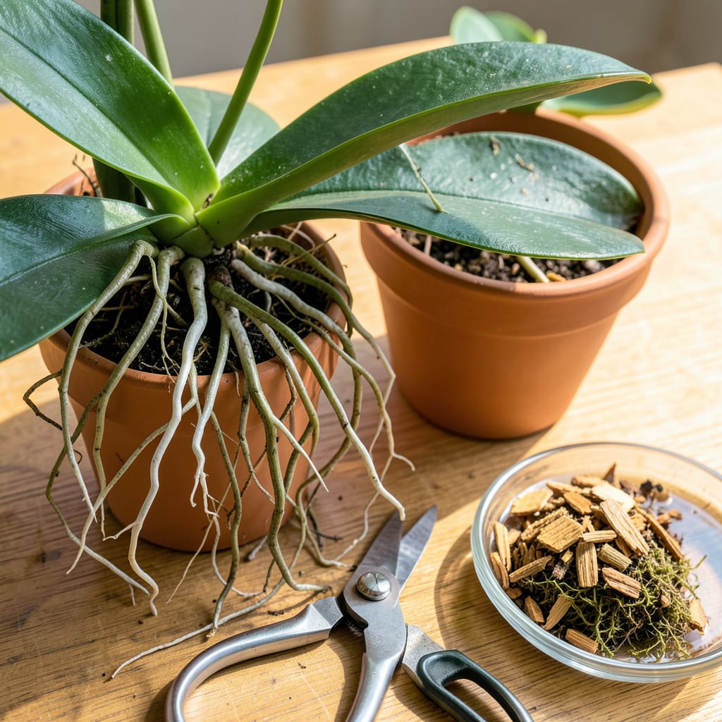 Transplanting Orchids to a Bigger Pot: Step by Step for Thriving Blooms illustration with key details