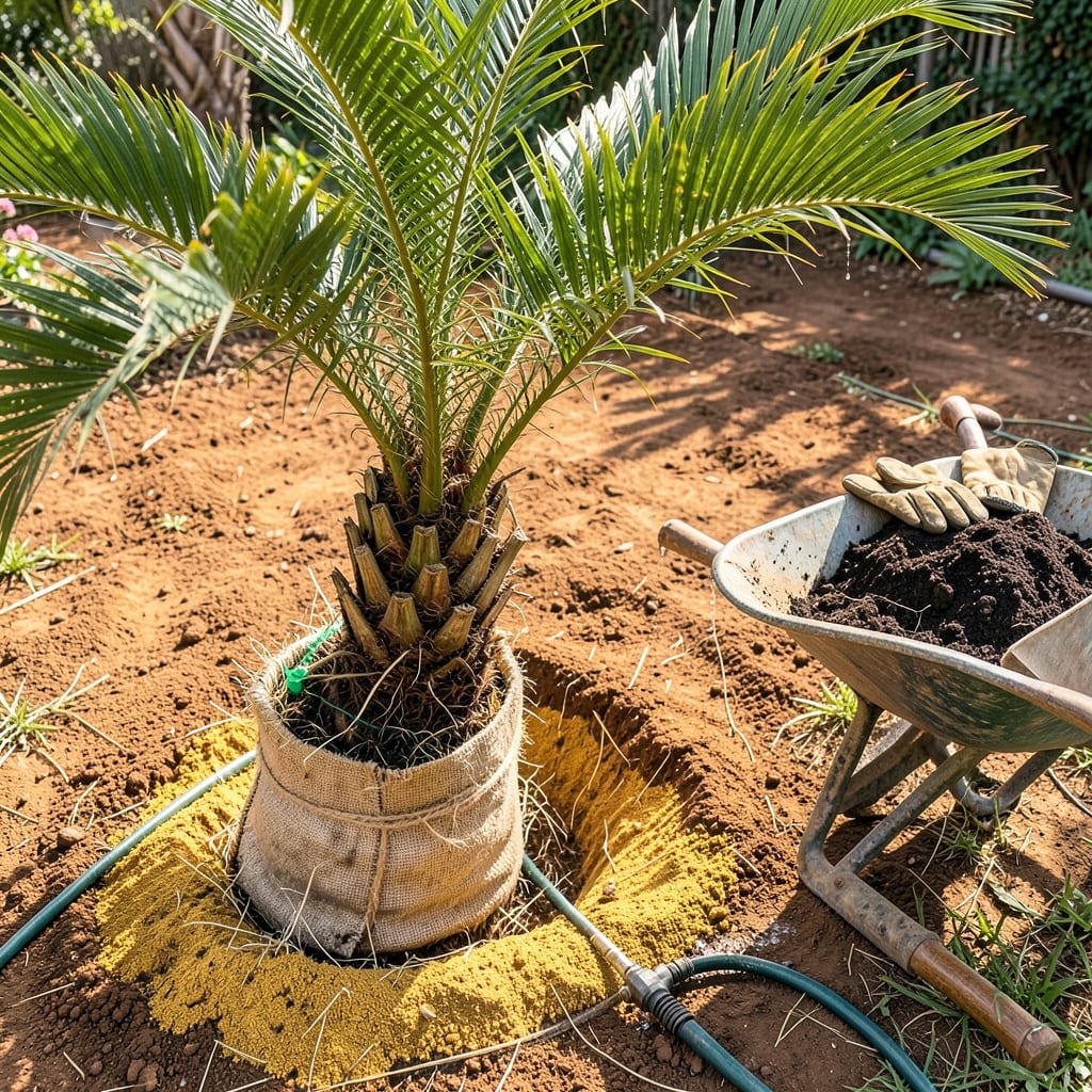 Transplanting Palm Trees: Step by Step for Thriving Roots and Lush Growth example with annotations