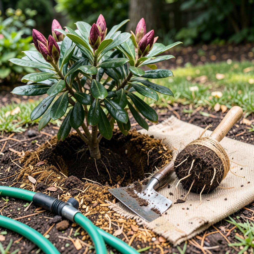 Transplanting Rhododendron: The Foolproof Guide for Thriving Blooms illustration with key details