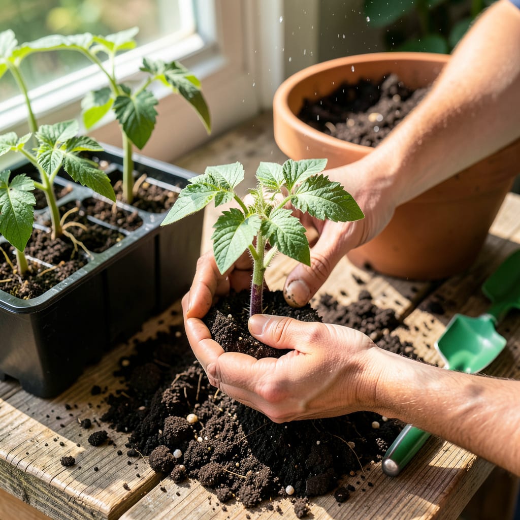 Transplanting Tomato Seedlings: The Foolproof Guide for Stronger Plants illustration with key details