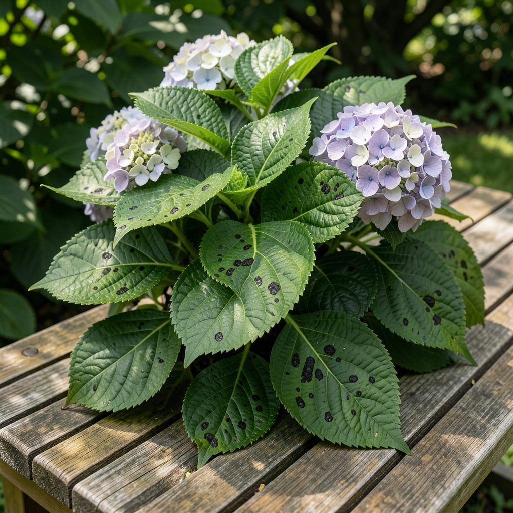 What Causes Black Spots on Hydrangea Leaves: Sunburn or Fungal Leaf Spot Identification example with annotations
