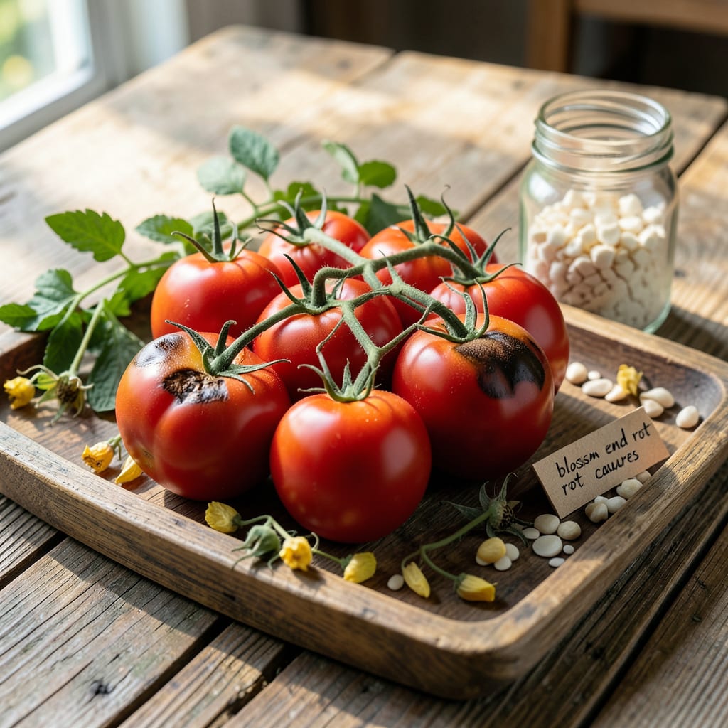 What Causes Blossom End Rot on Tomato Plants: Calcium Deficiency and Immediate Solutions illustration with key details
