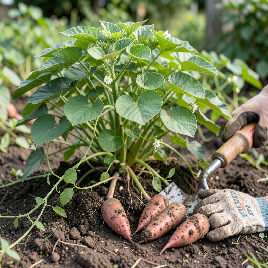 When Are Sweet Potatoes Ready to Be Harvested: Leaf Yellowing and Soil Mound Signs example with annotations