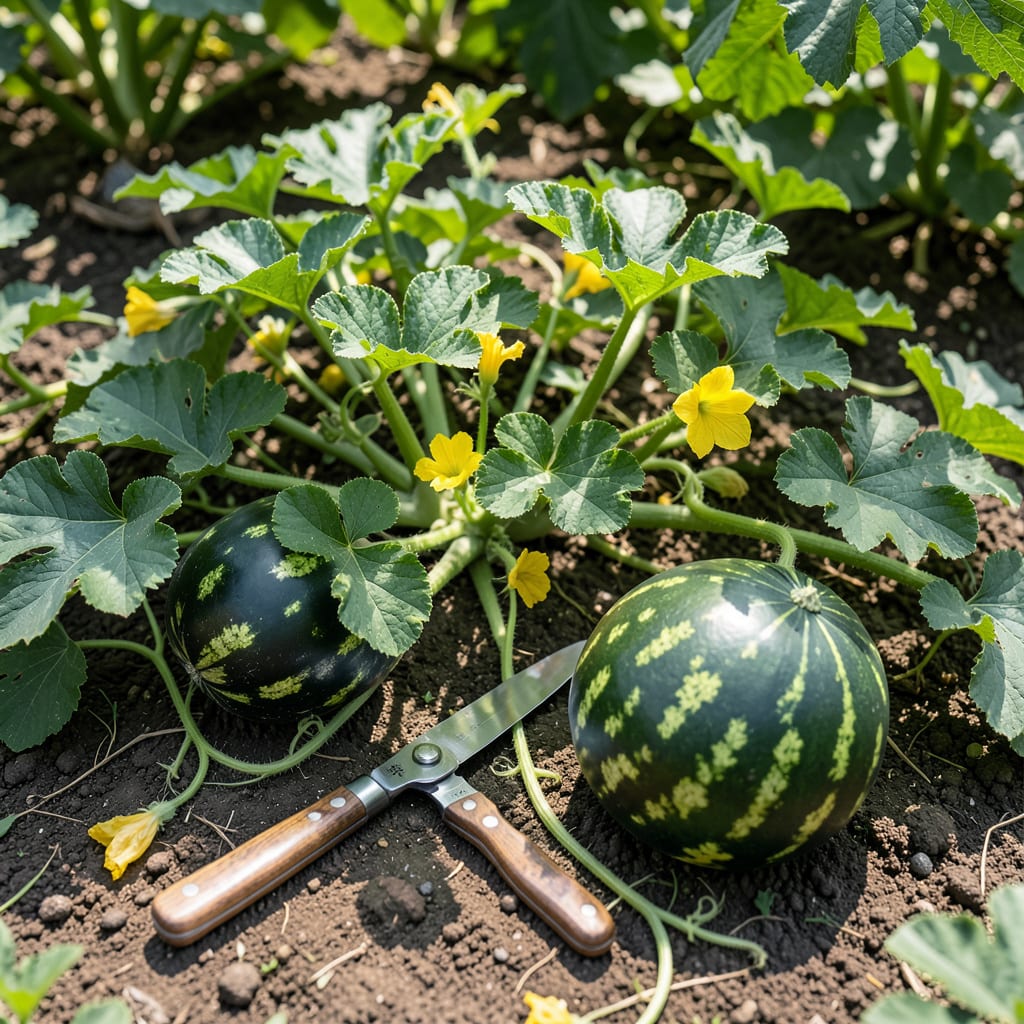 When to Pick a Sugar Baby Watermelon: Curling Tendrils and Yellow Spots illustration with key details