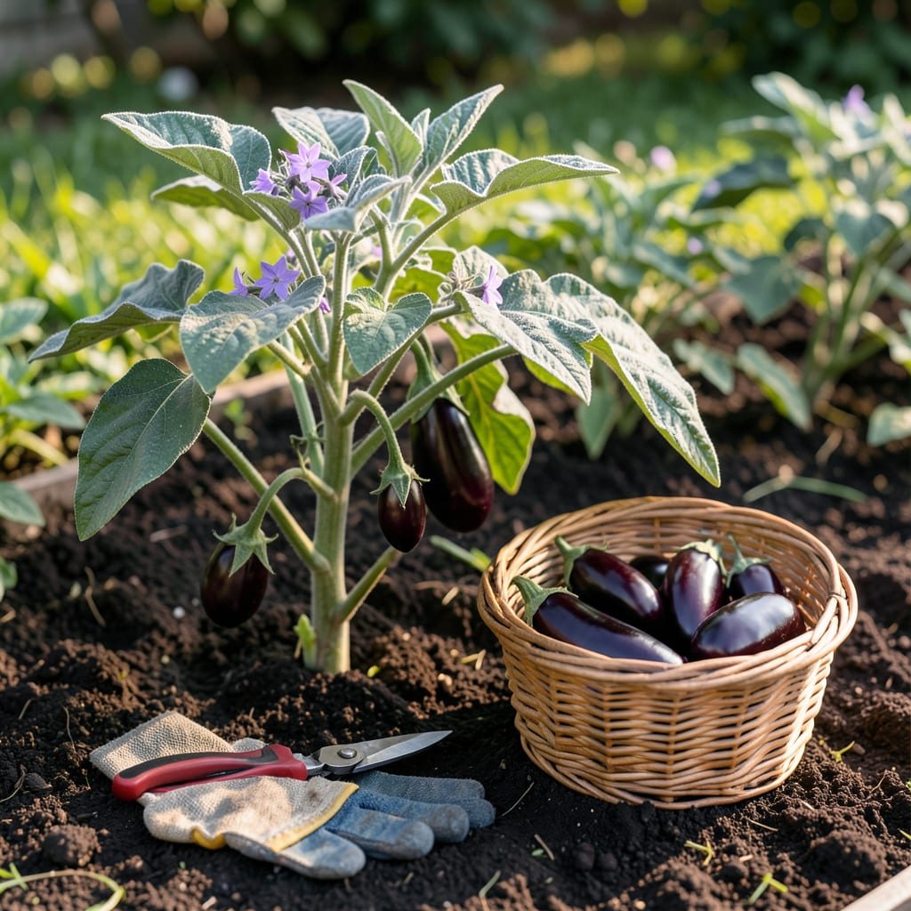 When to Pick Eggplants: Glossy Skin and Firm Press Indicators example with annotations