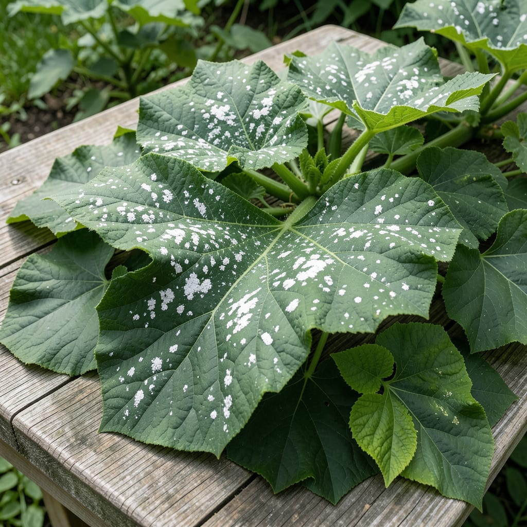 Visual representation of white blotches on zucchini leaves