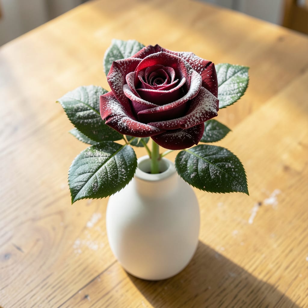 Visual representation of white dust on rose leaves